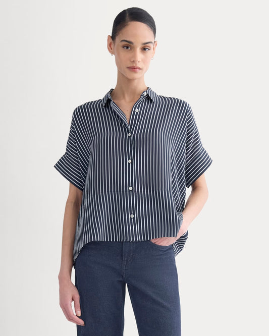 The Boxy Shirt in Washable Silk | True Navy / Bone Stripe